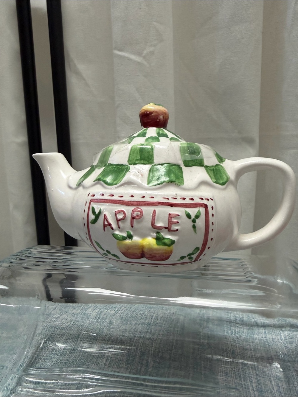 Hand Painted Ceramic Apple Teapot Green Checkered Farmhouse Cottage Decor